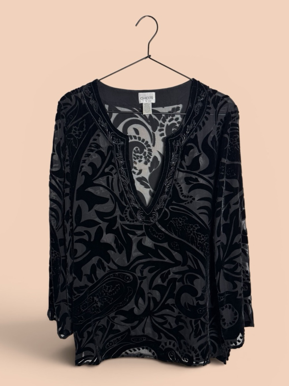 Chico's Silk Blend Black Velvet Sheer Burnout Beaded V-Neck Tunic